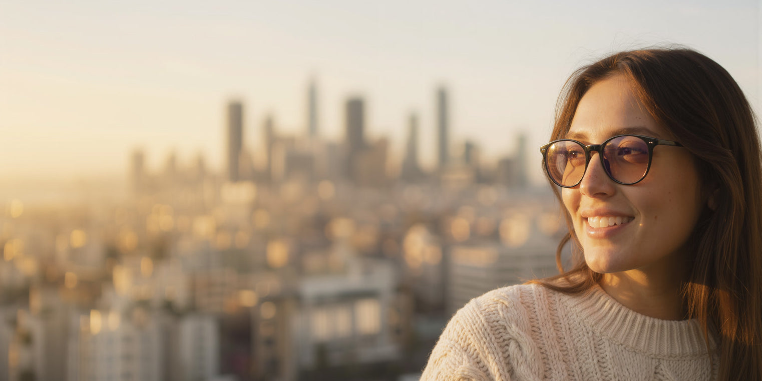 Woman Wearing Lilu Black Migraine Glasses at Golden Hour