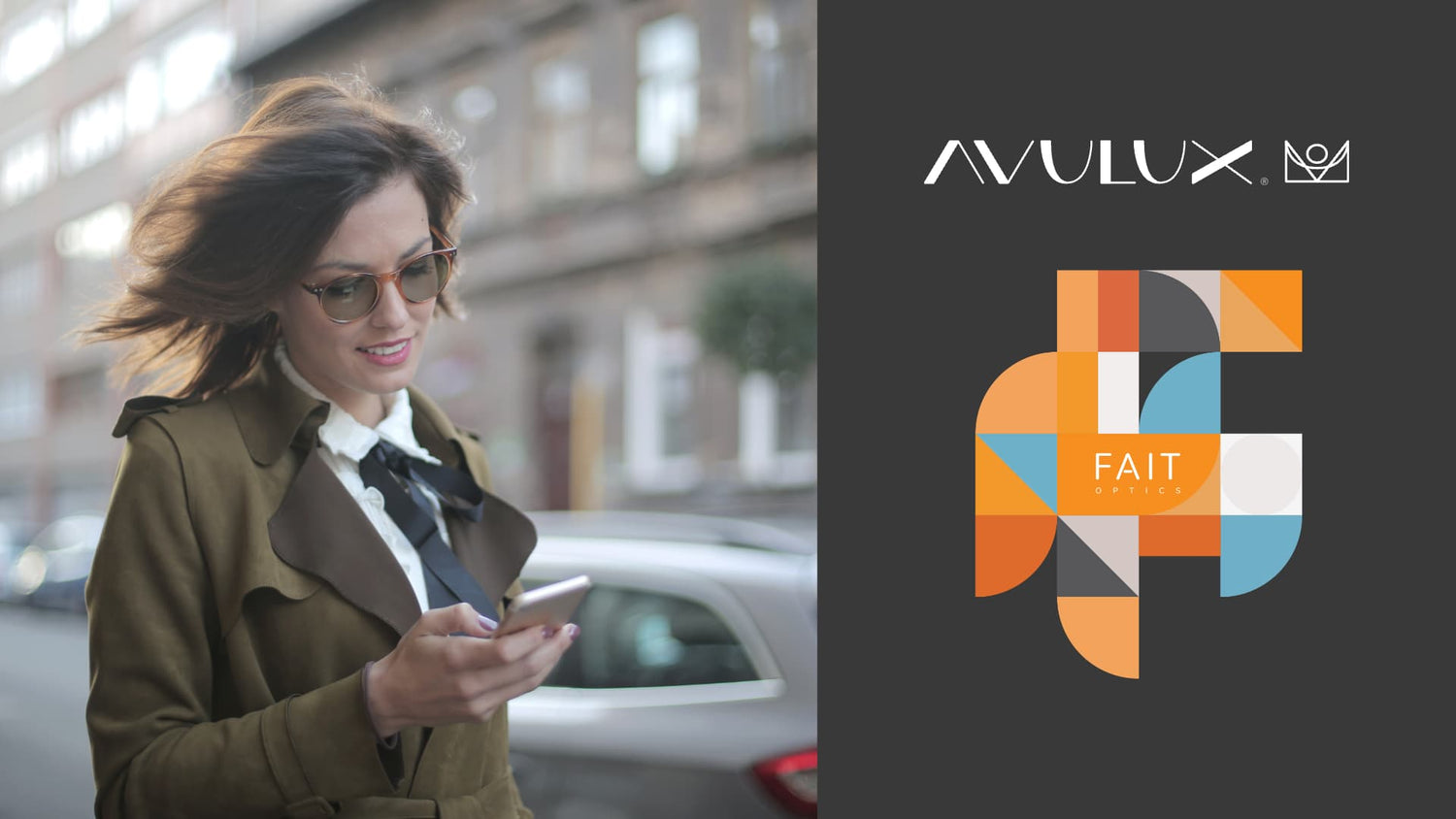 Woman Wearing Avulux Migraine & Light Sensitivity Lenses Set Beside Fait Optics And Avulux Logos